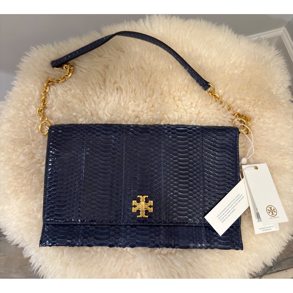 NWT Tory Burch Kira Exotic Clutch Genuine Snakeskin Royal Navy Blue Bag